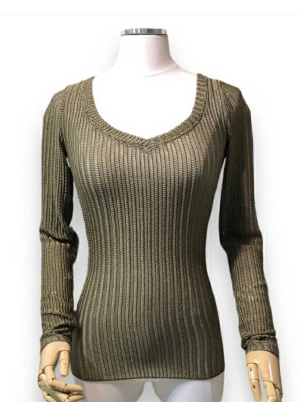 WE THE FREE Olive Green Wide Ribbed Stretch Knit Layering Top Size Small - Picture 11 of 11